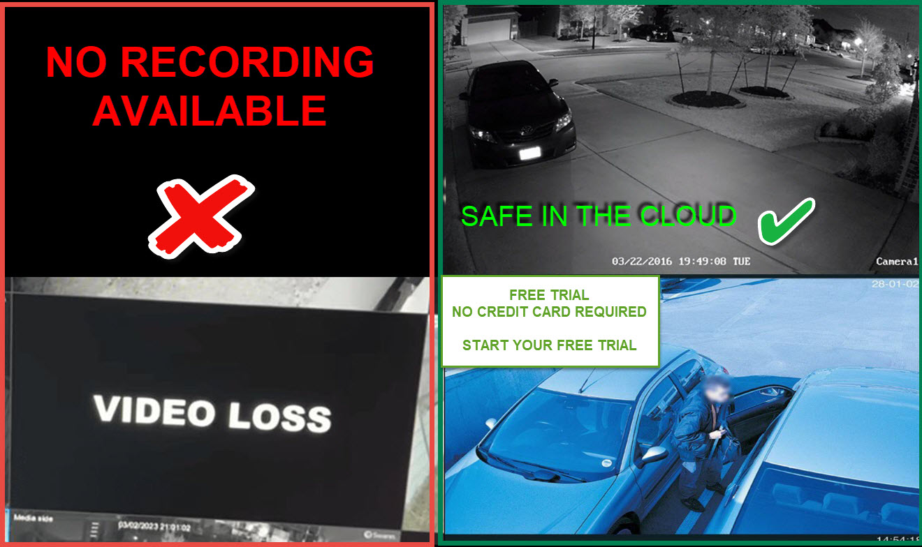 Security camera backup ad showing footage loss versus safe cloud backup